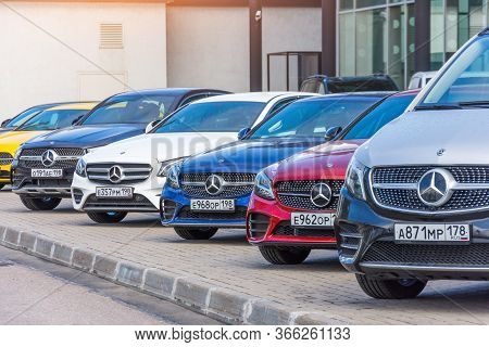 Mercedes-benz Different Class And Color In A Row In Front Of A Dealership. Russia, Saint-petersburg.