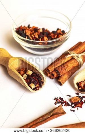 Herbal Floral Fruit Tea With Petals, Dry Barries And Fruit With Wooden Spoon, Flass Socket And Cinna