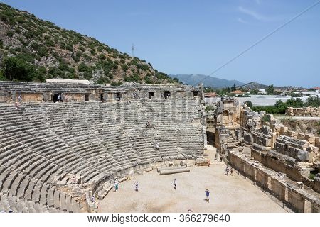 Demre, Turkey - June 03, 2019: Ruins Of The Greek-roman Amphitheatre Of The Ancient City Of Myra In 