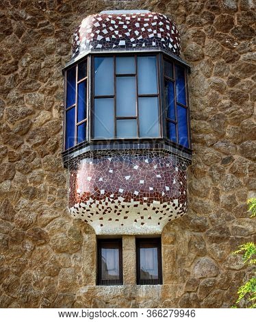Architectural details of buildings in the Park GÃ¼ell, located on Carmel Hill in Barcelona, Catalonia, Spain. Architect Antoni Gaudi.