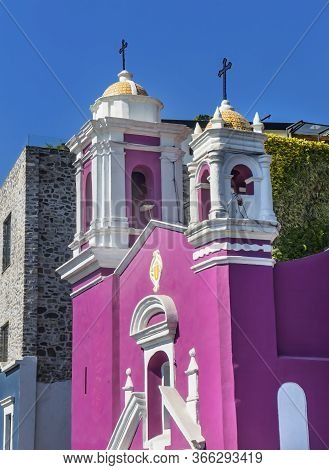 Colorful Pink Capilla Del Cireneo Chapel Church Puebla Mexico. Small Catholic Church