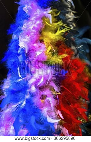 Colorful Feathers Necklaces Pink Red Blue New Orleans Louisiana.  Feathers Warned At Mardi Gras.