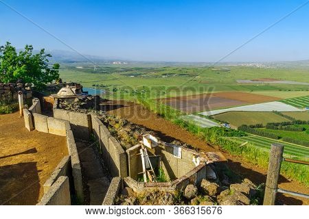 Merom Golan, Israel - May 12, 2020: The Mount Bental Old Bunker And The Golan Heights Landscape, Nor