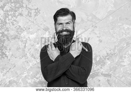 Barbershop Retro Equipments And Tools. Blade And Scissors. Confident Man Care Beard. Happy Brutal Ba