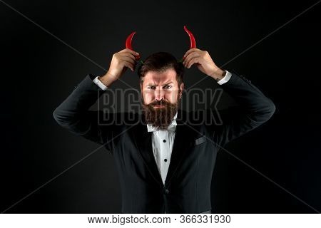 Extra Strong. Pepper Harvest Industry. Peppery Man With Devil Horns. Happy Bearded Businessman Has P