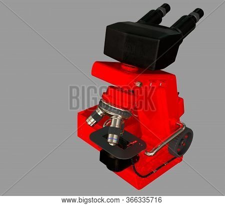 Red Scientific Microscope And System Block With Fictive Design Isolated On Grey - Realistic Medical 