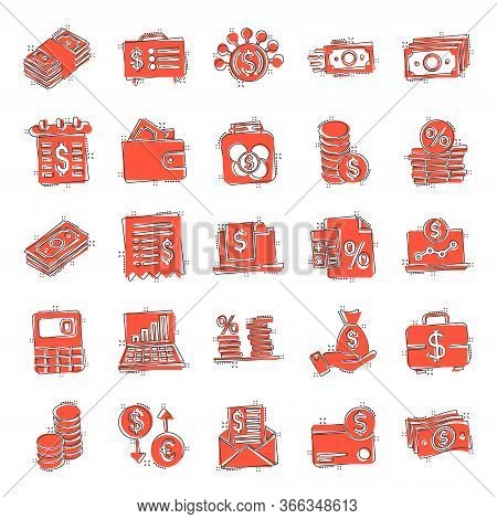 Money Finance Icon Set In Comic Style. Payment Cartoon Vector Illustration On White Isolated Backgro