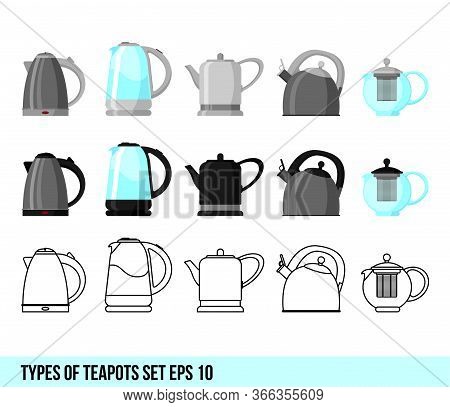 Vector Illustration Of Logo For Ceramic Electric And Gas Teapot, Glass And Iron Kettles Teapots With