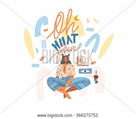 Hand Drawn Vector Abstract Stock Graphic Illustration With Young Female Student Study Reading At Hom