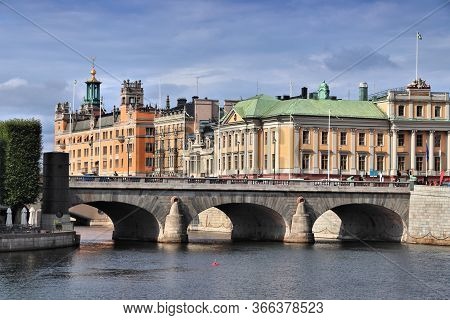 Stockholm City In Sweden. Stromgatan Quay And Norrbro Bridge.