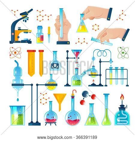 Chemistry Laboratory Icon Set With Chemicals Test Tubes Experiments Molecules And Formulas