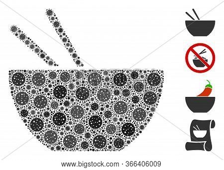 Collage Asian Food Composed Of Flu Virus Icons In Random Sizes And Color Hues. Vector Pathogen Parts