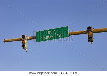 Signage Us Highway No 1 Called Truman Ave Starting In Key West With Traffic Lights Under Blue Sky