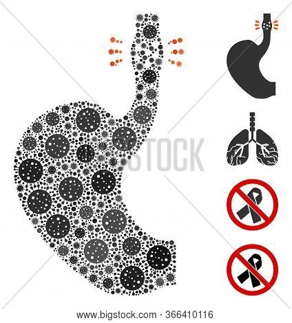 Collage Esophageal Cancer Constructed From Flu Virus Icons In Random Sizes And Color Hues. Vector Pa