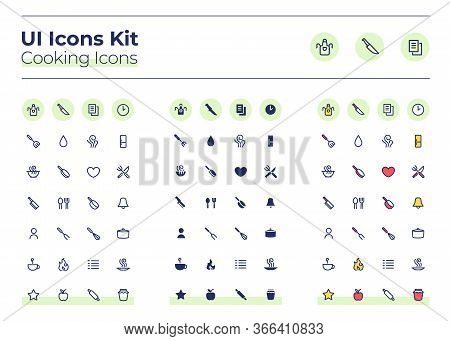 Cooking Ui Icons Kit. Meal Preparation Thin Line, Glyph And Color Vector Symbols Set. Dinner Recipe.