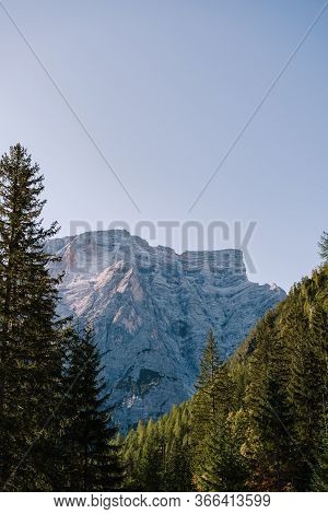 Rocky Mountains With Green Forests At Lago Di Braies. Braies Lake In The Dolomites In South Tyrol, I