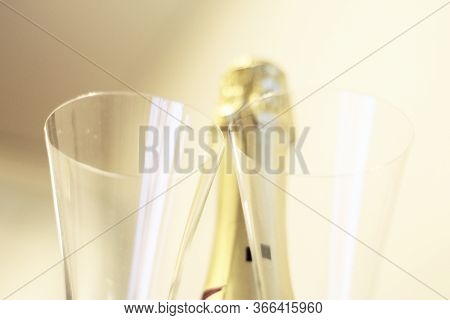 Bottle Of Shampagne And A Pair Glasses Before Drinking Isolated
