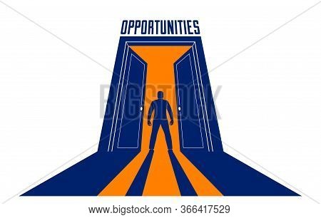 Man Standing In Half Open Big Door Hesitating To Step In Vector Concept Of New Opportunities, Step I