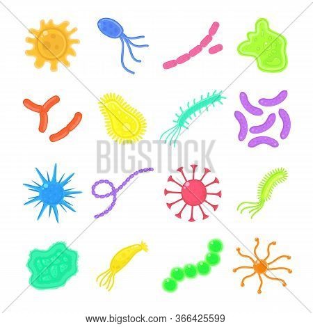 Colourful Bacteria, Microbe, Probiotic Virus, Cells And Bacillus Set. Health, Flu, Disease, Illness,