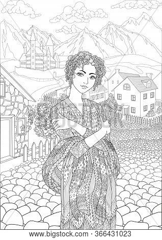 Coloring Book For Adults With Beautiful Princess Dressed In Historical Outfit In The Empire Style St