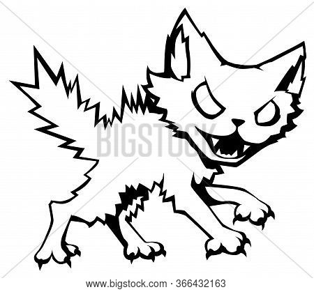 Feral Aggressive Cat Cartoon Line Drawing, Vector, Horizontal, Black And White, Isolated