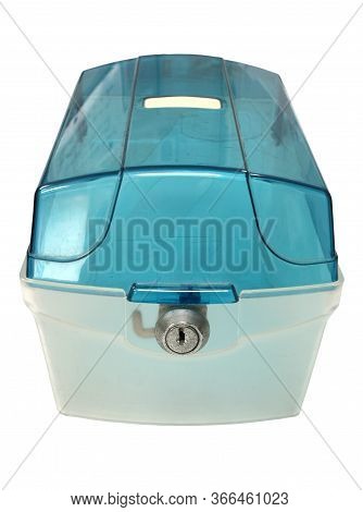 Old Empty Blue Plastic Box With Keylock On White Background