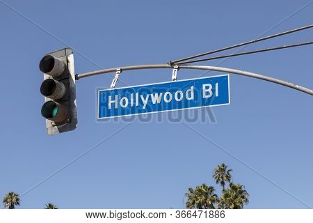 Signage Hollywood Bl In Los Angeles Under Blue Sky