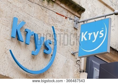 Bordeaux , Aquitaine / France - 05 12 2020 : Krys Optical Blue Logo Sign Optician Shop Glasses Store