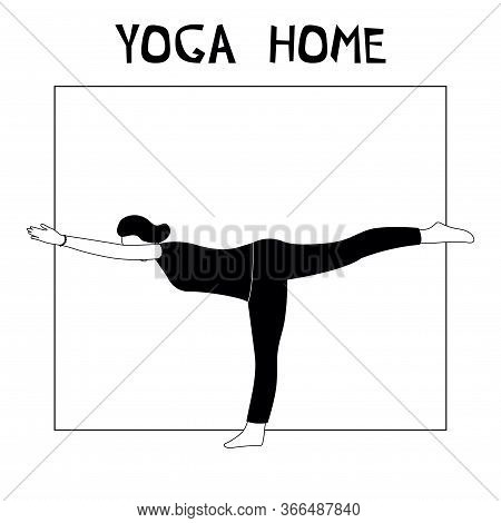 Woman Doing Yoga At Home. Illustration With Warrior Pose, Virabhadrasana.