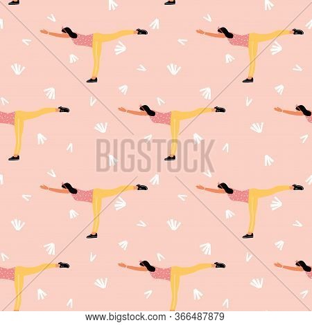 Seamless Pattern With Woman Doing Yoga At Home. Illustration With Warrior Pose, Virabhadrasana.