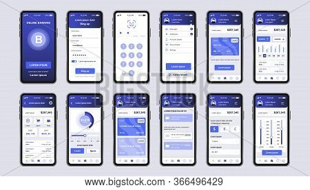 Online Banking Unique Design Kit For App. Mobile Wallet Screens With Financial Account And Transacti