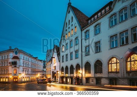 Tallinn, Estonia. Vanaturu Street In Historical Centre Of Old Town In Evening Illumination. Traditio