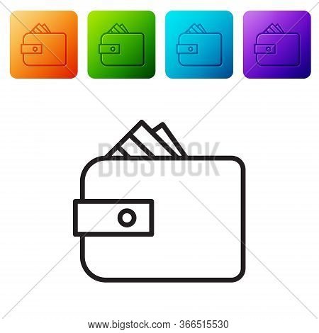 Black Line Wallet With Stacks Paper Money Cash Icon Isolated On White Background. Purse Icon. Cash S