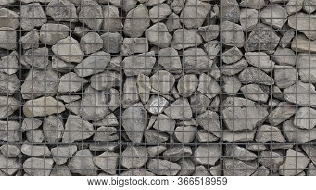 Retaining Wall Gabion Baskets, Gabion Wall Caged Stones Textured Background, Caged Riprap