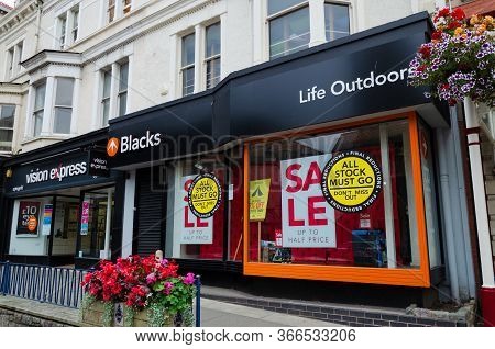 Llandudno, Uk: Aug 27, 2019: A Blacks Outdoor Clothing And Equipment Store With Window Banners Adver