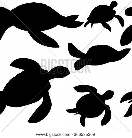Seamless Pattern Black Silhouette Of Big Sea Turtle Cartoon Cute Animal Design Ocean Tortoise Swimmi