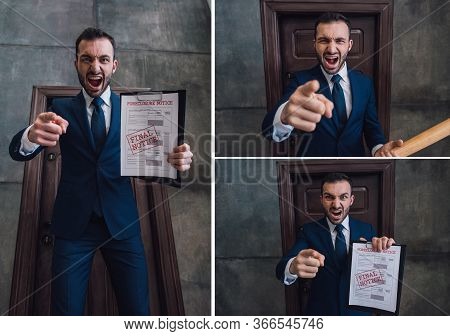 Collage Of Angry Collector With Baseball Bat And Documents With Foreclosure And Final Notice Letteri