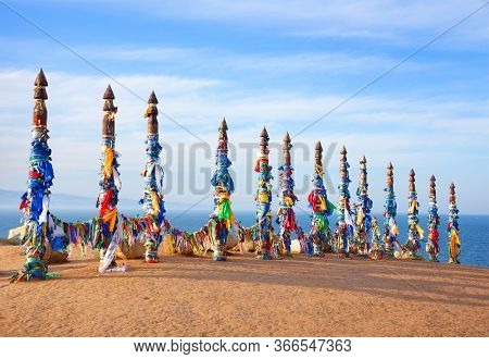 Wooden shaman totems at Burhan Cape, Baikal Lake, Russian Federation
