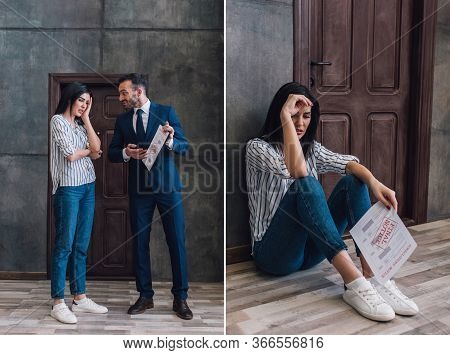 Collage Of Collector Pointing At Documents Near Stressed Woman And Upset Woman Holding Paper With Fi