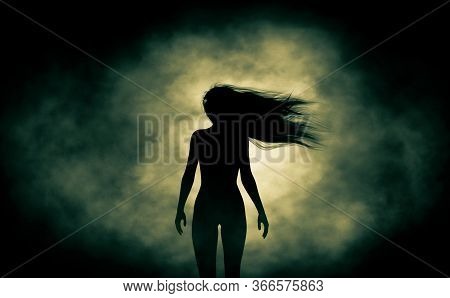 Rear View Of Silhouette Ghost Woman Walking In The Dark,3d Rendering