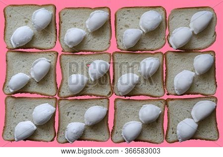 Creative Background With Frozen Dumplings And Bread For Toasts. Raw Dumplings With Hoarfrost Lie On 