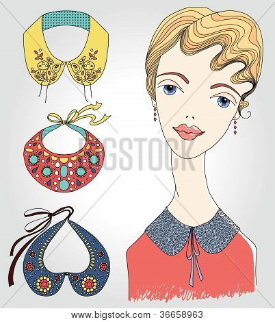 Sada módní límec a módní ilustrace blond Girl