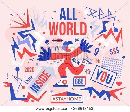 Abstract Human Character Stand. Mental Body. Stay Home. Psychotherapy Positive Inspiration In Home. 