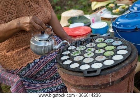 Kind Of Thai Sweetmeat . Coconut Milk Mix With Powder Fried Dessert. Making Of Thai Sweetmeat Khanom