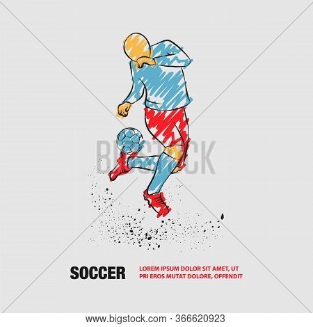 Soccer Player Fights With Ball On Heel. Vector Outline Of Soccer Player With Scribble Doodles Style.