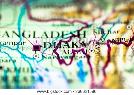Shallow Depth Of Field Focus On Geographical Map Location Of Dhaka Dacca City In Bangladesh Asia Con