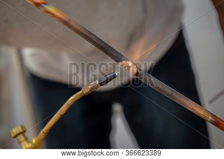 Welding Of Copper Pipe Of A Methane Gas Pipeline Or Of A Conditioning Or Water System. Welding Solde