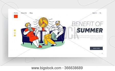 Summer Hot Period Of Time Landing Page Template. Sweltering In Heat Aged People Characters Use Fans 