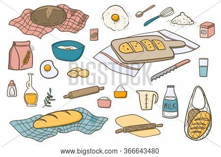 Baking Bread At Home, Bakery Cartoon Doodles Illustration. Hand Drawn Food, Ingredients And Dishes.