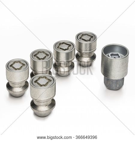 Car Lock Nuts, Wheel Nut That Protect The Wheels From Theft. Close-up Of The Isolate On A White Back